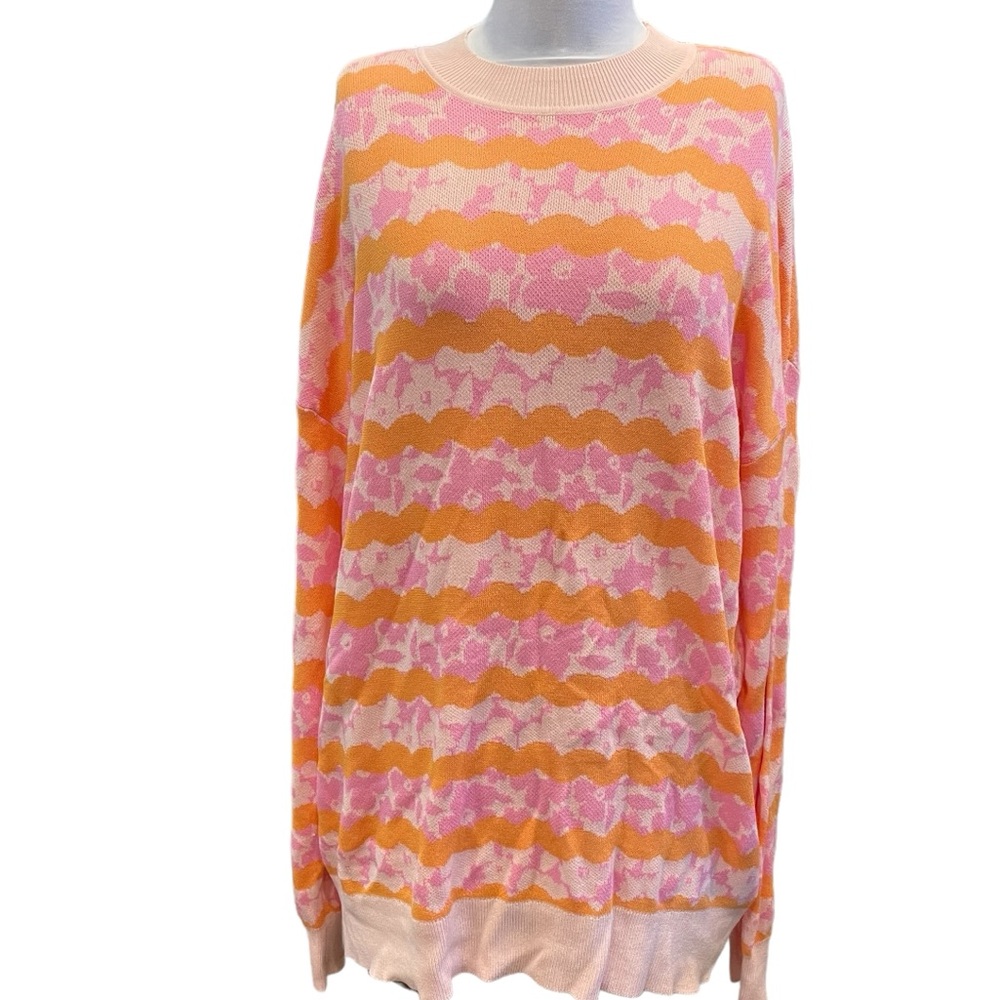 New Body Jacquard Knit Sweater Collaged Flower Oversized Women’s M Orange Pink
